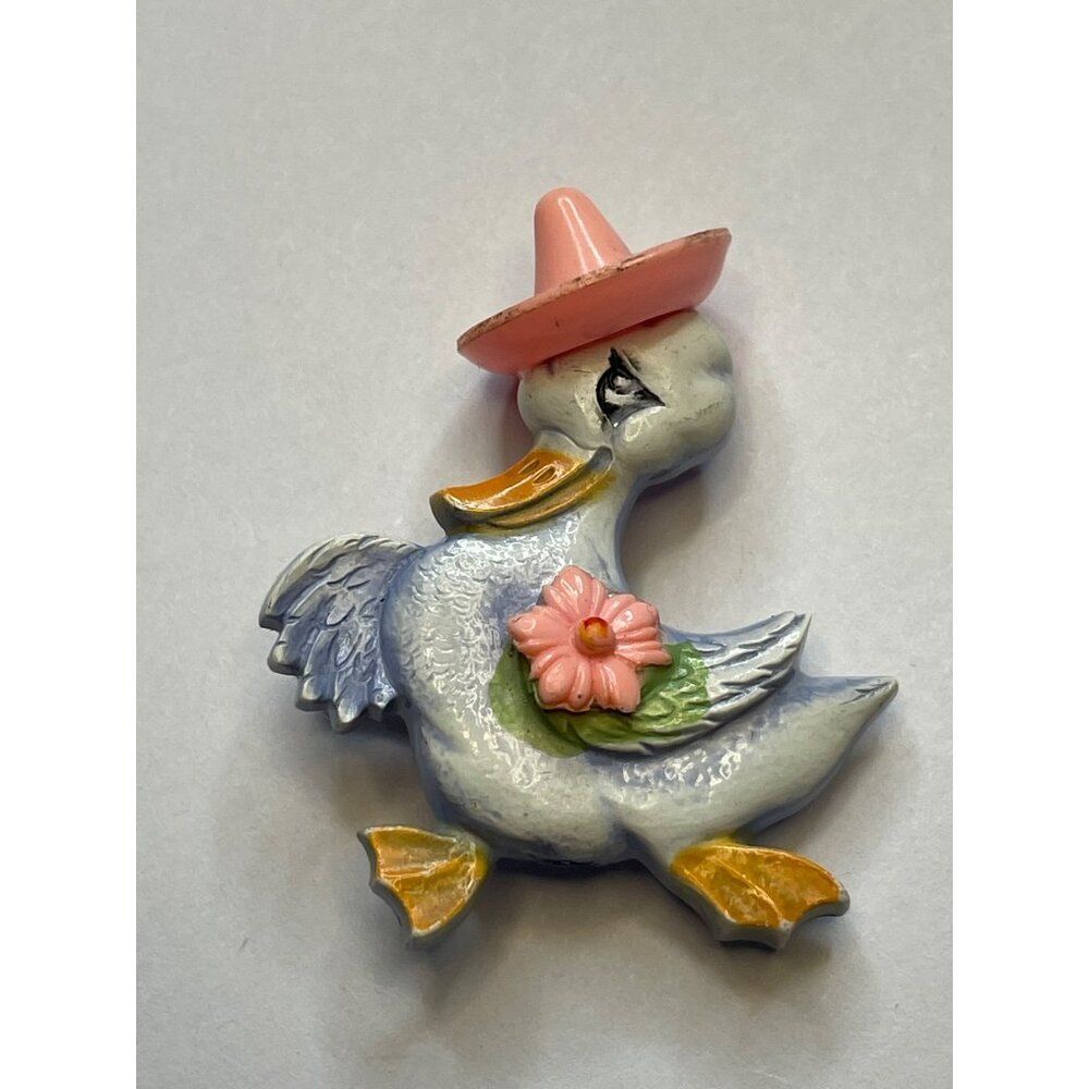 Vintage plastic Duck Brooch With Pink Hat & Flower pin